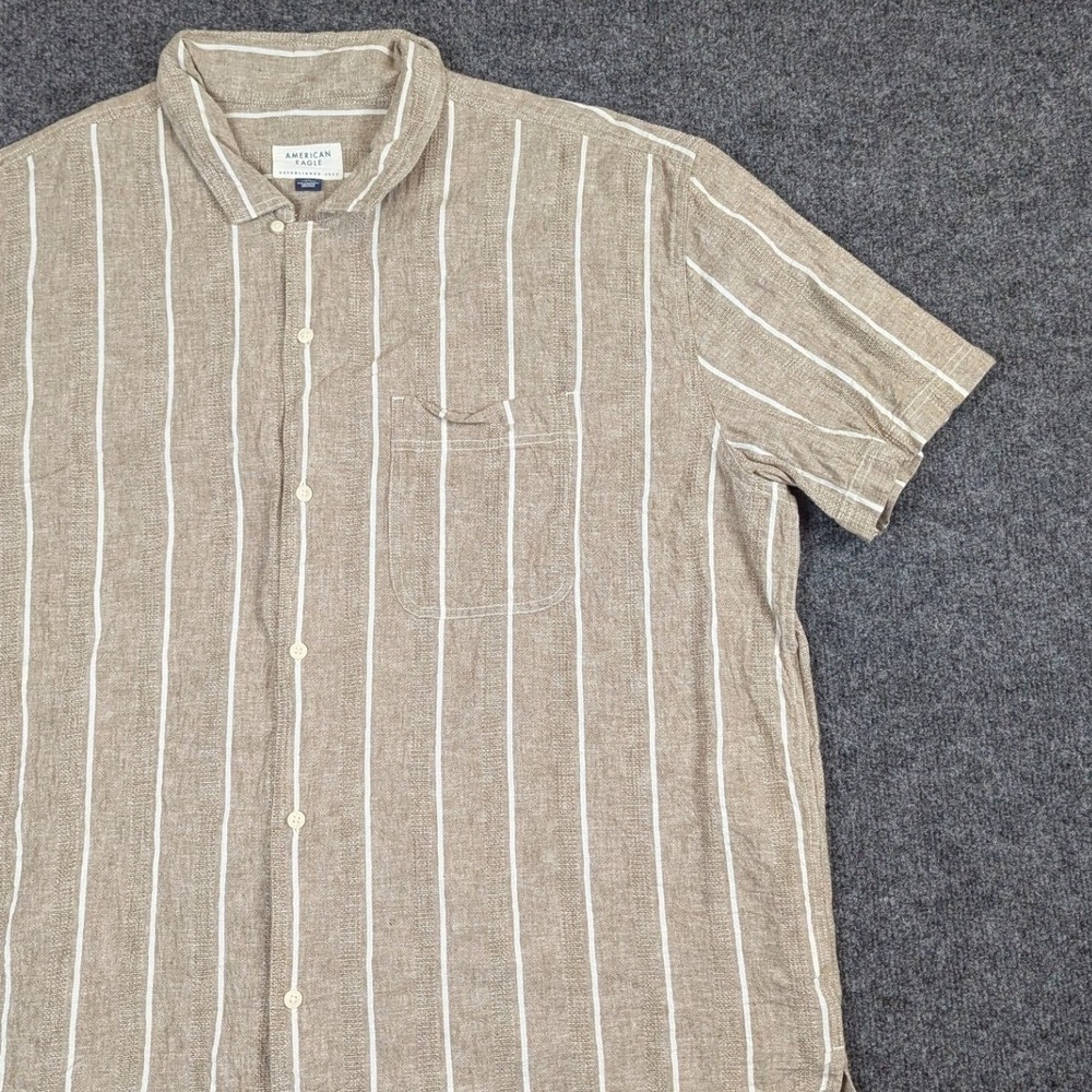 American Eagle Mens XXL Brown White Striped Linen Cotton Short Sleeve Shirt